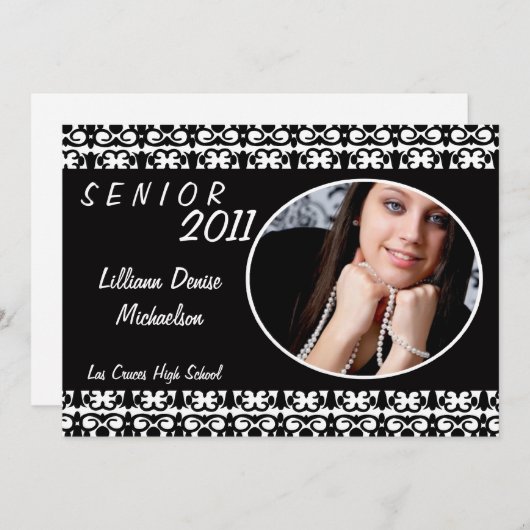 5x7 Zwart Wit Damask Foto Senior Aankondiging (Voorkant / Achterkant)