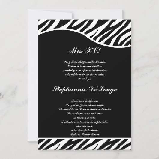 5x7 Zwart-Wit Zebra Quinceanera Feest Uitnodiging (Voorkant)