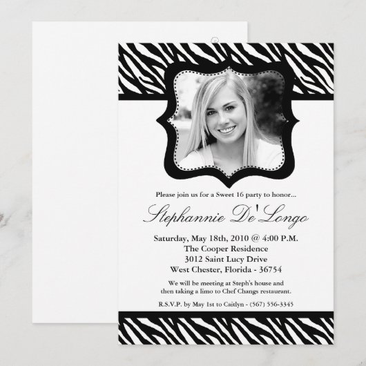 5x7 Zwart Zebra FOTO Sweet 16 Verjaardag Uitnodigi Kaart (Voorkant / Achterkant)