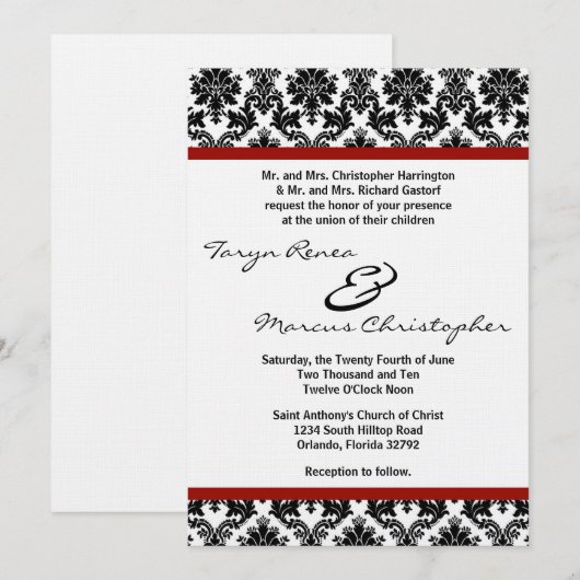 5x7 Zwarte Damast Rode Crim Linnen Trouw Uitnodigi Kaart (Voorkant / Achterkant)