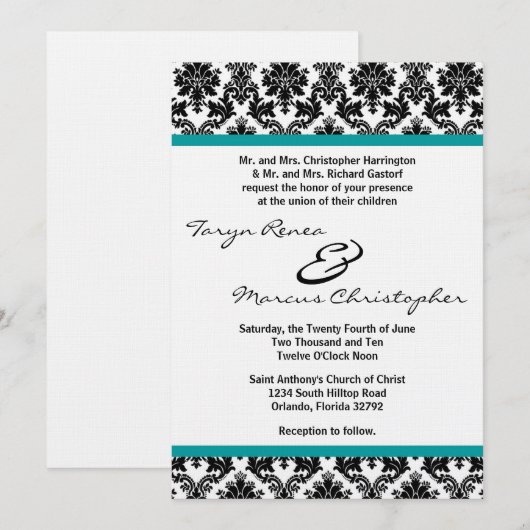 5x7 Zwarte Damast & Turquoise Linnen Trouw Uitnodi Kaart (Voorkant / Achterkant)