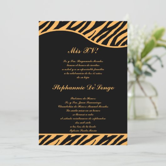 5x7 Zwarte Oranje Tijger Quinceanera Party Uitnodi Kaart (Staand voorkant)