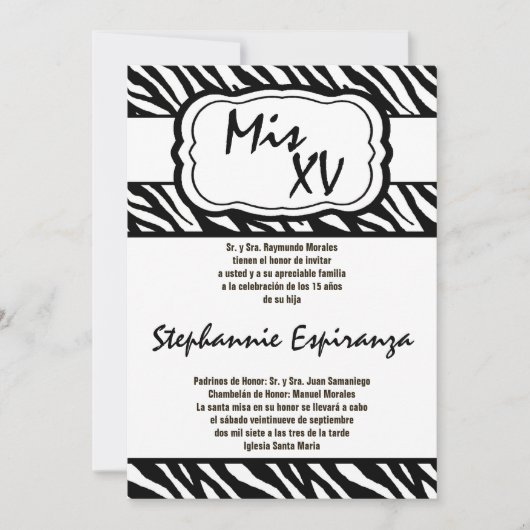 5x7 zwarte Zebra Print Quinceanera 15 Uitnodiging (Voorkant)