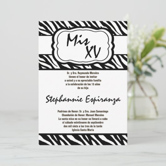 5x7 zwarte Zebra Print Quinceanera 15 Uitnodiging (Staand voorkant)