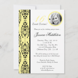 5x7Light Yellow Damask 16 Birthday Party Invtation Kaart