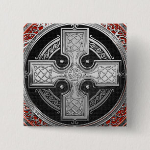 [600] Ancient Celtic Sacred Silver Knot Cross Vierkante Button 5,1 Cm