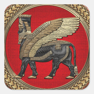 [600] Assyrian Winged Bull: Gold en Black Lamassu Vierkante Sticker