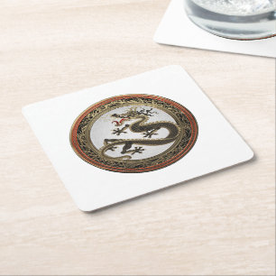 [600] Black and Gold Sacred Eastern Dragon Kartonnen Onderzetters