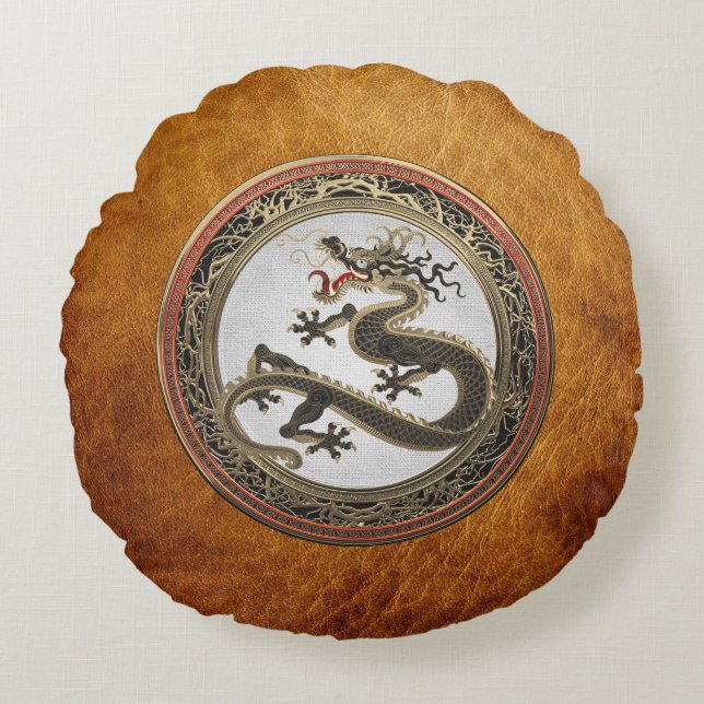 [600] Black and Gold Sacred Eastern Dragon Rond Kussen (Voorkant)
