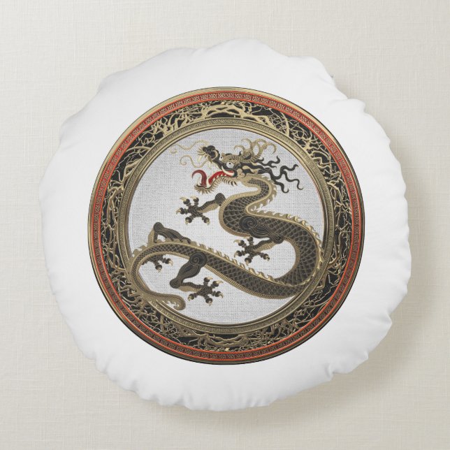 [600] Black and Gold Sacred Eastern Dragon Rond Kussen (Achterkant)