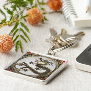 [600] Black and Gold Sacred Eastern Dragon Sleutelhanger