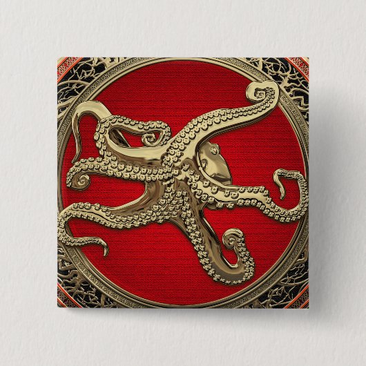 [600] Sacred Gold Octopus in Defensief Posture Vierkante Button 5,1 Cm (Voorkant)
