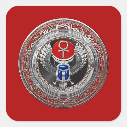 [600] Sacred Silver Egyptian Winged Scarab & Ankh Vierkante Sticker (Voorkant)