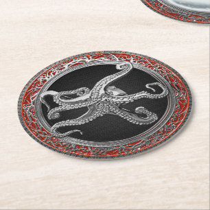 [600] Sacred Silver Octopus in Defensief Posture Ronde Kartonnen Onderzetter