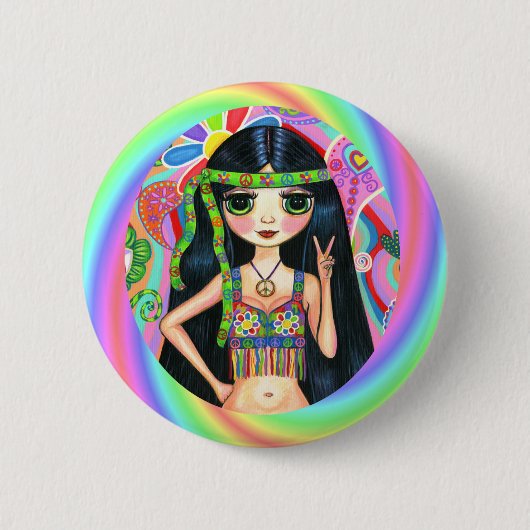 '60, '70' Rainbow Hippie Chick Peace Sign Ronde Button 5,7 Cm (Voorkant)
