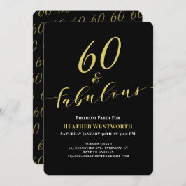 60 and Fabulous 60th Birthday Gold Black Script Kaart