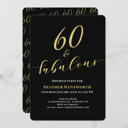 60 and Fabulous 60th Birthday Gold Black Script Kaart (Voorkant / Achterkant)