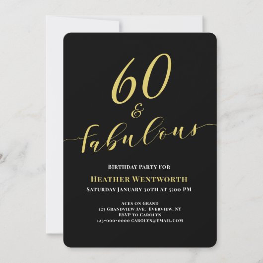 60 and Fabulous 60th Birthday Gold Black Script Kaart (Voorkant)