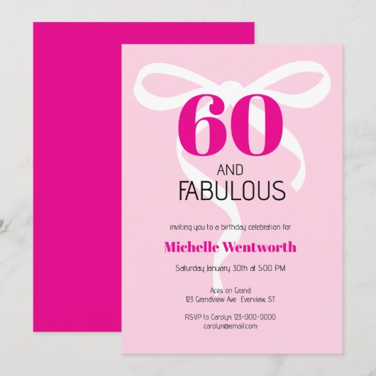 60 and Fabulous Fun Ribbon Hot Pink 60th Birthday Kaart (Voorkant / Achterkant)