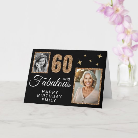 60 and Fabulous Gold Glitter 2 Photo 60th Birthday Kaart (Orchidee)
