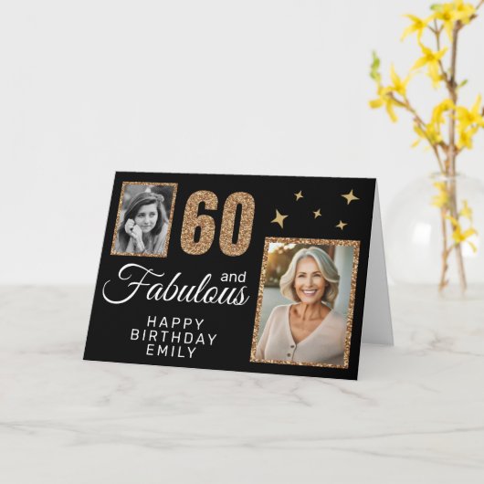 60 and Fabulous Gold Glitter 2 Photo 60th Birthday Kaart (Gele Bloem)