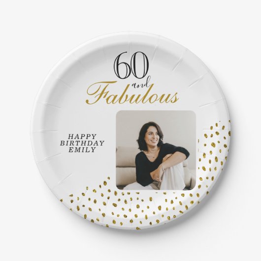 60 and Fabulous Gold Glitter Photo 60th Birthday Papieren Bordje (Voorkant)
