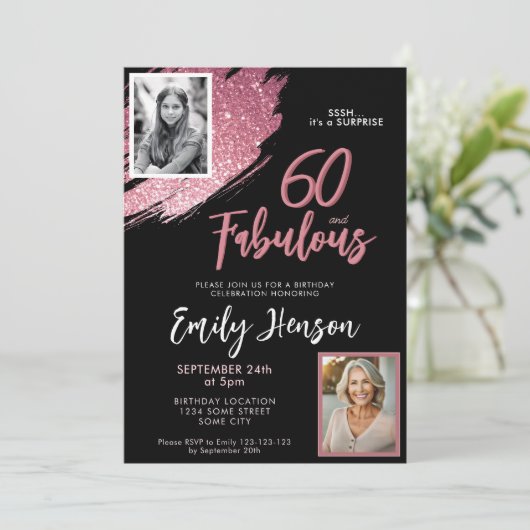 60 and Fabulous Pink Glitter 2 Foto 60e verjaardag Kaart (Staand voorkant)