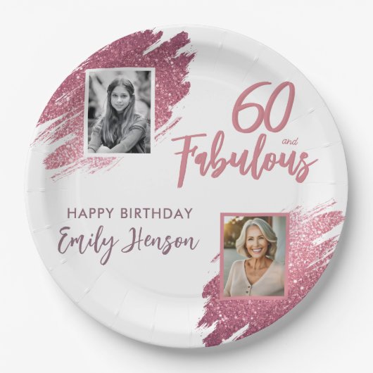 60 and Fabulous Pink Glitter 2 Foto 60e verjaardag Papieren Bordje (Voorkant)