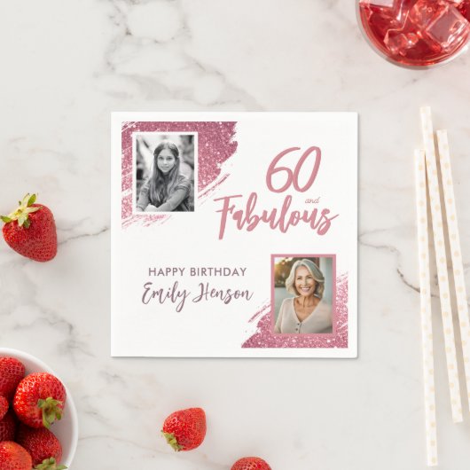 60 and Fabulous Pink Glitter 2 Foto 60e verjaardag Servet (Insitu)