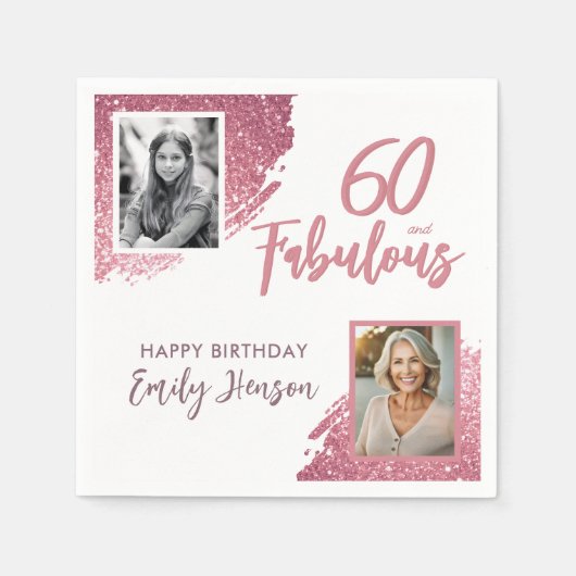 60 and Fabulous Pink Glitter 2 Foto 60e verjaardag Servet (Voorkant)
