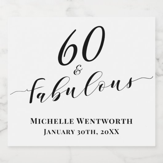 60 and Fabulous Sixtieth Birthday Elegant Script Sparkling Wijnetiket (Enkel label)