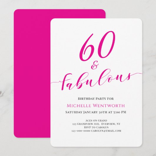 60 and Fabulous Sixtieth Birthday Hot Pink Script Kaart (Voorkant / Achterkant)