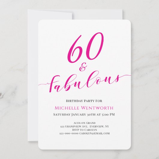 60 and Fabulous Sixtieth Birthday Hot Pink Script Kaart (Voorkant)