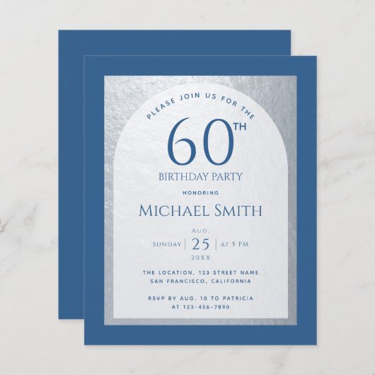 60 Begroting Zilveren Klassieke blauwe uitnodiging (Voorkant / Achterkant)