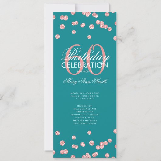 60 Birthday Program Roos Gold Glitter Menu Blauwgr Kaart (Voorkant)
