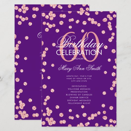 60 Birthday Program Roos Gold Glitter Menu Paars (Voorkant / Achterkant)