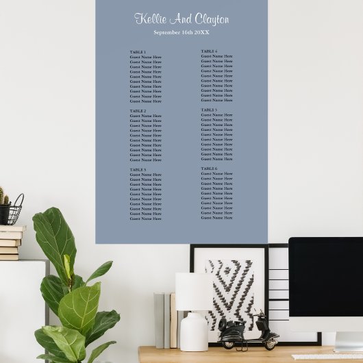 60 Blue Simple Wedding Seating Chart Poster (Thuiskantoor)