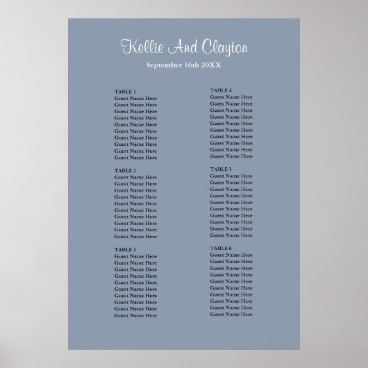 60 Blue Simple Wedding Seating Chart Poster (Voorkant)