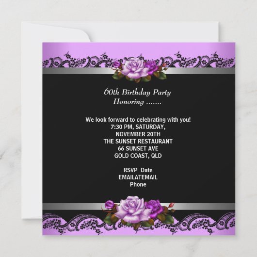 60- en Fabulous 60th Birthday Party Mauve Rozen Kaart (Achterkant)