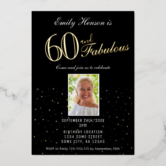 60 en Fabulous Black 60th Birthday Gold Folie Uitnodiging (Voorkant)