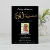 60 en Fabulous Black 60th Birthday Gold Folie Uitnodiging (Staand Voorkant)