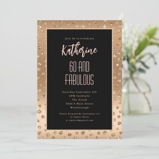 60 en Fabulous Black Gold Sparkle Blush Verjaardag Kaart (Staand voorkant)