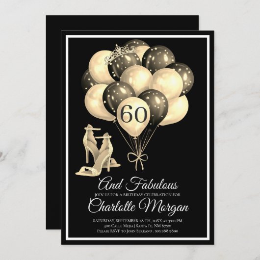 60 en Fabulous Black White, uitnodiging op hoog ni (Voorkant / Achterkant)