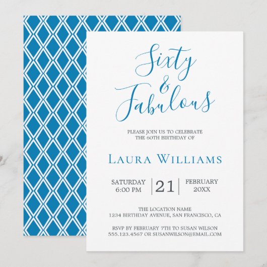 60 en Fabulous Blauw Wit 60ste Verjaardagsfeestje Kaart (Voorkant / Achterkant)