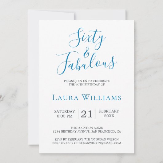 60 en Fabulous Blauw Witte 60e Verjaardagsfeest Kaart (Voorkant)