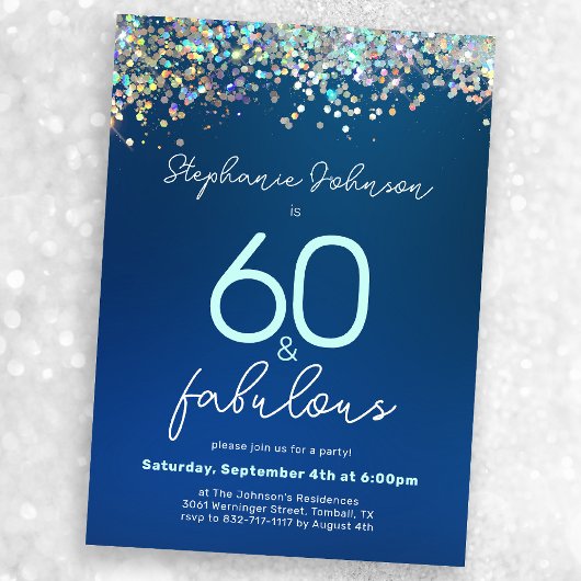 60 en Fabulous Blue Glitter 60e verjaardagsfeestje Kaart