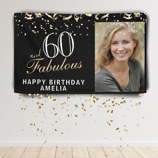 60 en Fabulous Confetti Black 60th Birthday Foto Spandoek