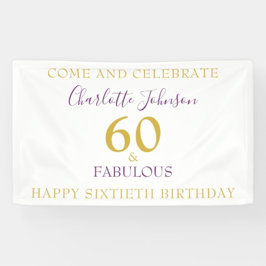 60 en Fabulous Elegant 60th Birthday Gold Paars Spandoek (Horizontaal)