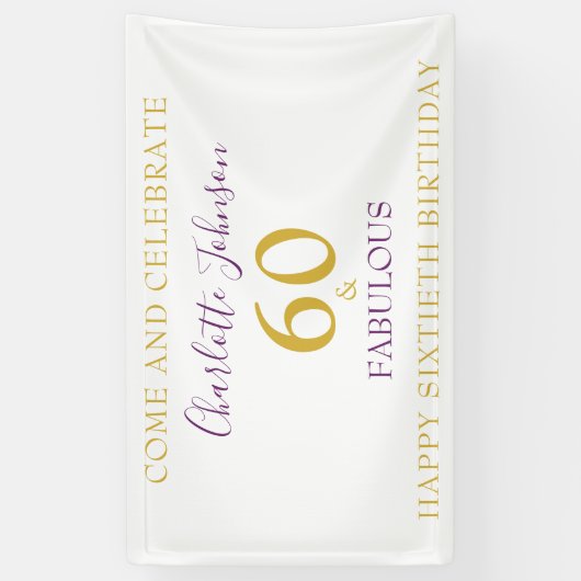 60 en Fabulous Elegant 60th Birthday Gold Paars Spandoek (Verticaal)