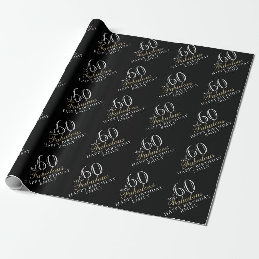 60 en Fabulous Elegant Black 60th Birthday Cadeaupapier (Uitgerold)